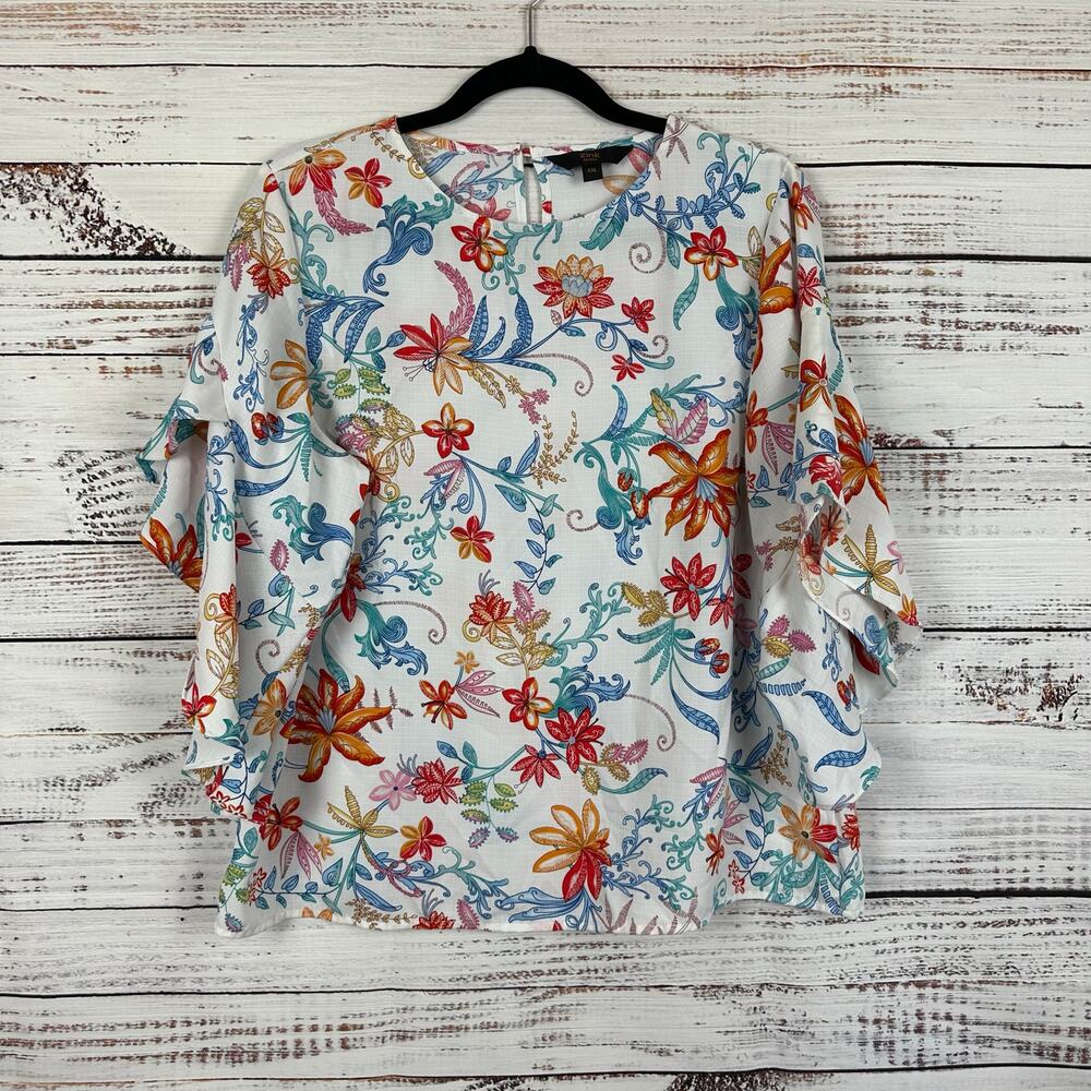 Womens Zink London White Multi Floral Print Blouse Career Flutter Sleeve  XXL